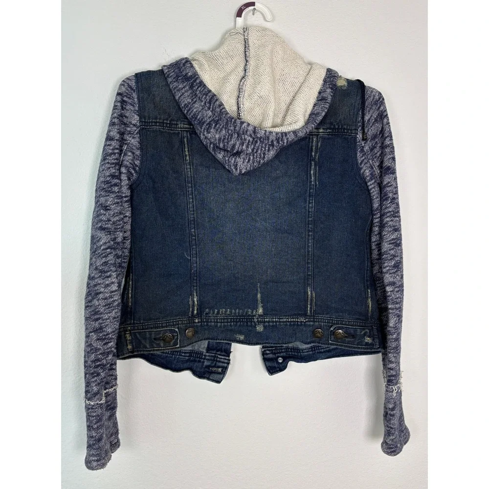 Free People Hooded Denim Jacket Mixed Media Knit Sleeve Distressed Blue Small - Picture 2 of 5
